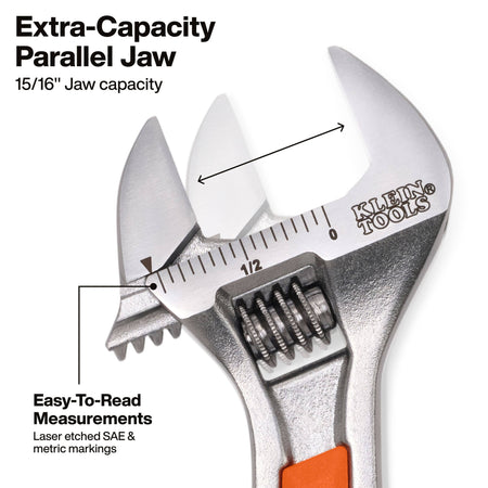 Klein Tools extra-capacity parallel jaw wrench shown on a white background with text callouts highlighting 15/16" jaw capacity and easy-to-read laser-etched measurements.