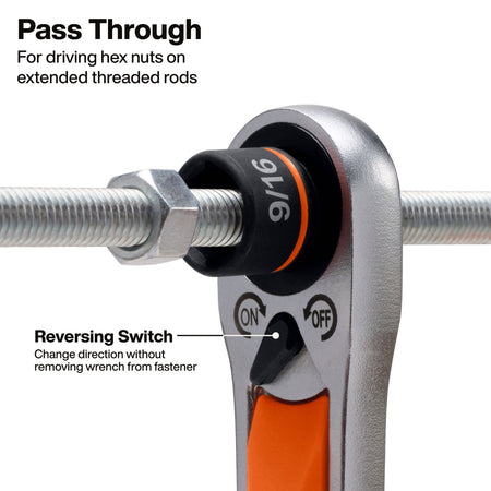 Close-up of a wrench with a threaded rod and hex nut, showing the pass-through opening and reversing switch. Text labels explain use for driving hex nuts on extended threaded rods and how to change direction.