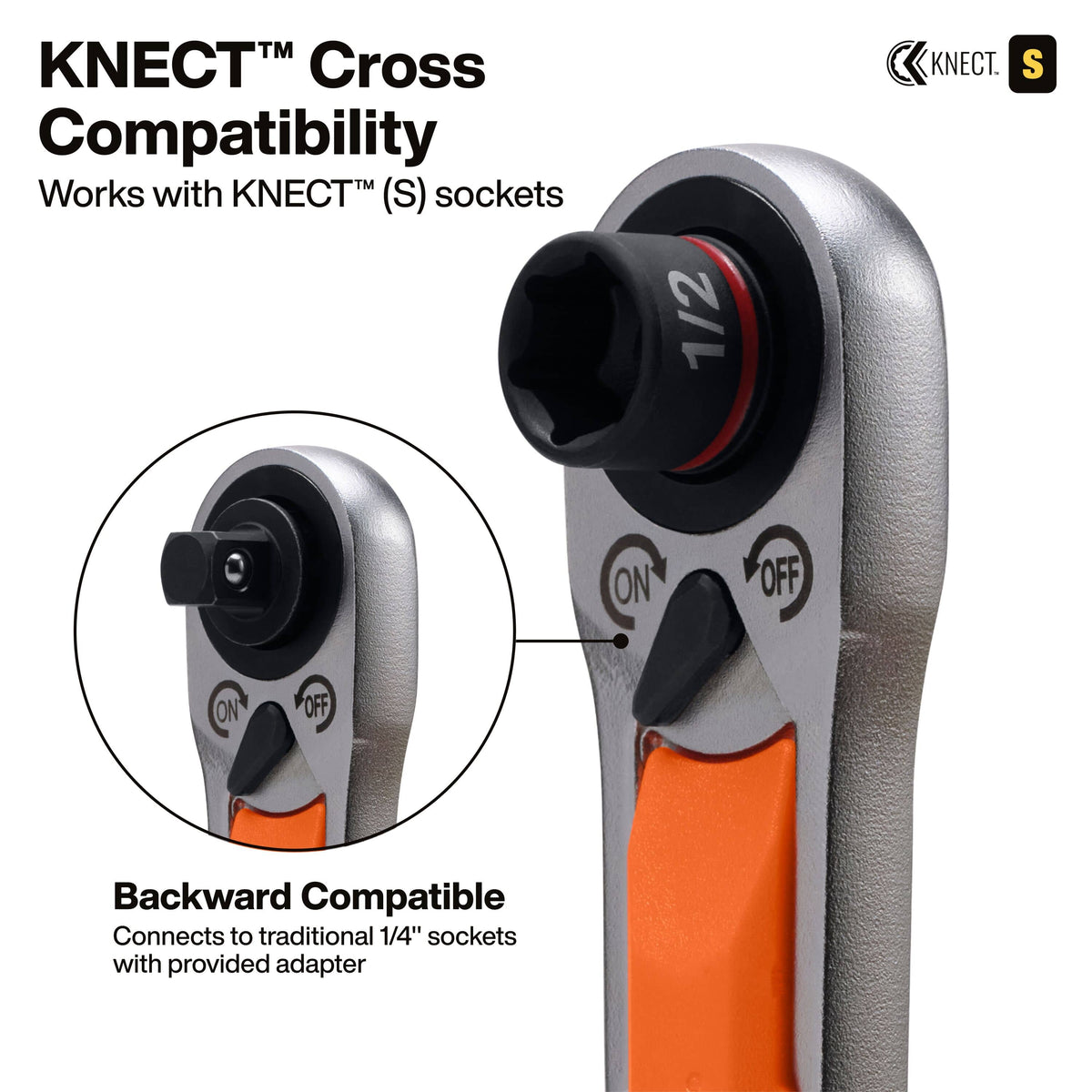 KNECT Cross Compatibility adapter socket shown on a white background with text explaining compatibility with KNECT sockets and backward compatibility. The socket has a silver metal body, black head, and orange handle grip.
