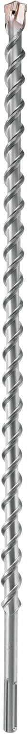 The image shows a long, straight, and shiny metal drill bit, likely for use with a rotary hammer. The bit has a continuous spiral flute running down its length to remove debris, and it ends in a sturdy, light-colored carbide tip for drilling into masonry or concrete.