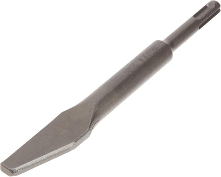 This image shows a single, dark gray flat chisel bit, angled diagonally from the lower left to the upper right. The lower left features a broad, flat tip, while the tool tapers to a narrower shank with grooves at the upper right for tool attachment.