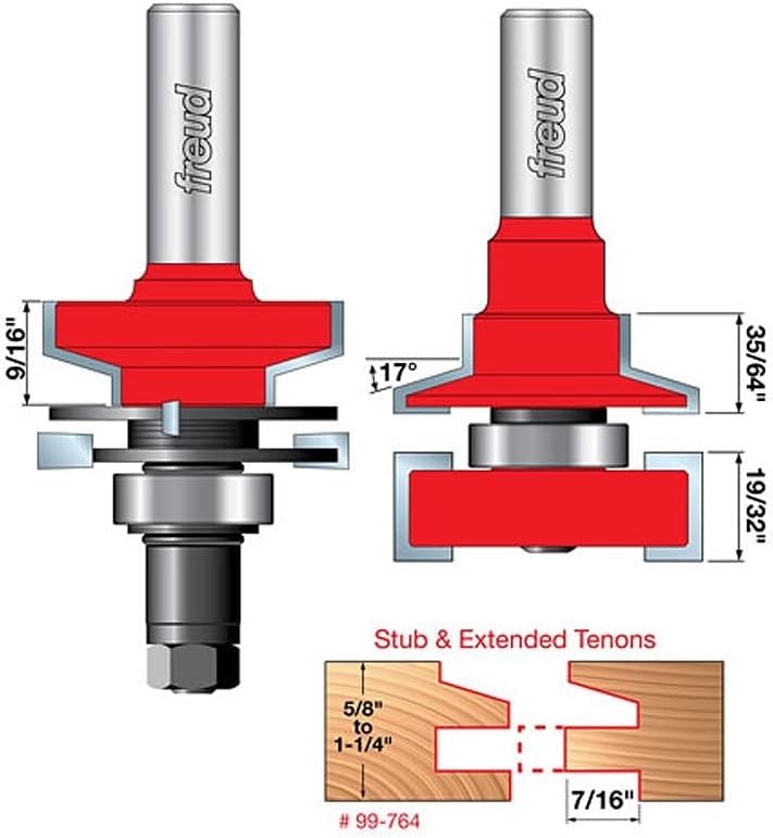 The image displays technical drawings of two Freud router bits designed for creating tongue and groove joints. Each bit has a silver shank with the "freud" logo and red cutting surfaces, accompanied by dimensional markings and a diagram illustrating the resulting joint for stub and extended tenons.
