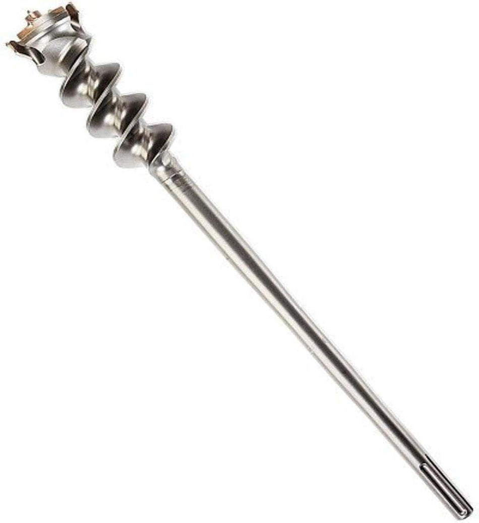 This is an eye-level, slightly angled shot of a Bosch HC6531 SDS-Max Thru-Hole Rotary Hammer Bit, positioned diagonally from the lower right to the upper left against a white background. The drill bit is metallic gray and features a long, straight shaft with a prominent, spiraled fluted section at the upper end, culminating in a wide, multi-bladed cutting head.