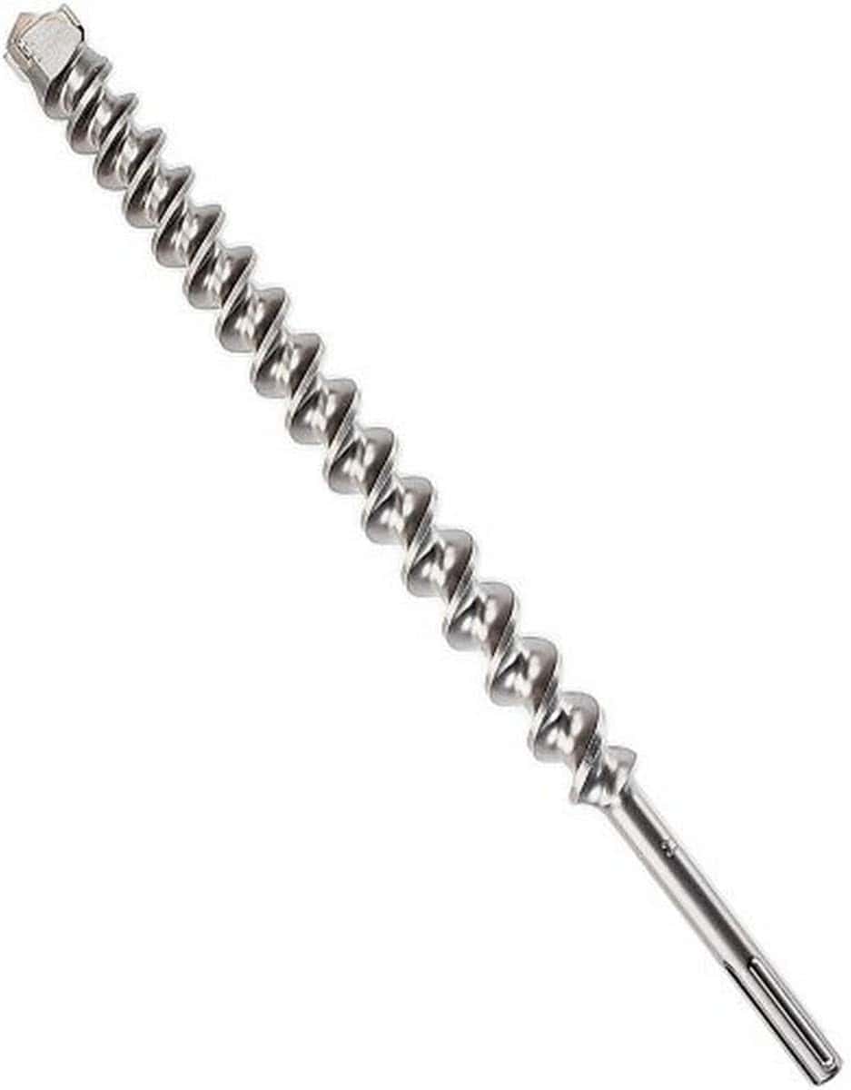 This is an eye-level, diagonal shot of a long, metallic rotary hammer drill bit. The bit features a continuous, deep spiral groove along its length, resembling a large screw.