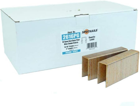 This image features a white cardboard box of staples in the background, labeled "SPOTNAILS" and "Stock No. 2616PG," indicating it contains 5,000 "16 Gauge Gala Chisel Point Wire Crown Staples." In the foreground, two stacks of shiny, copper-colored industrial staples are neatly arranged, showcasing their U-shaped form.
