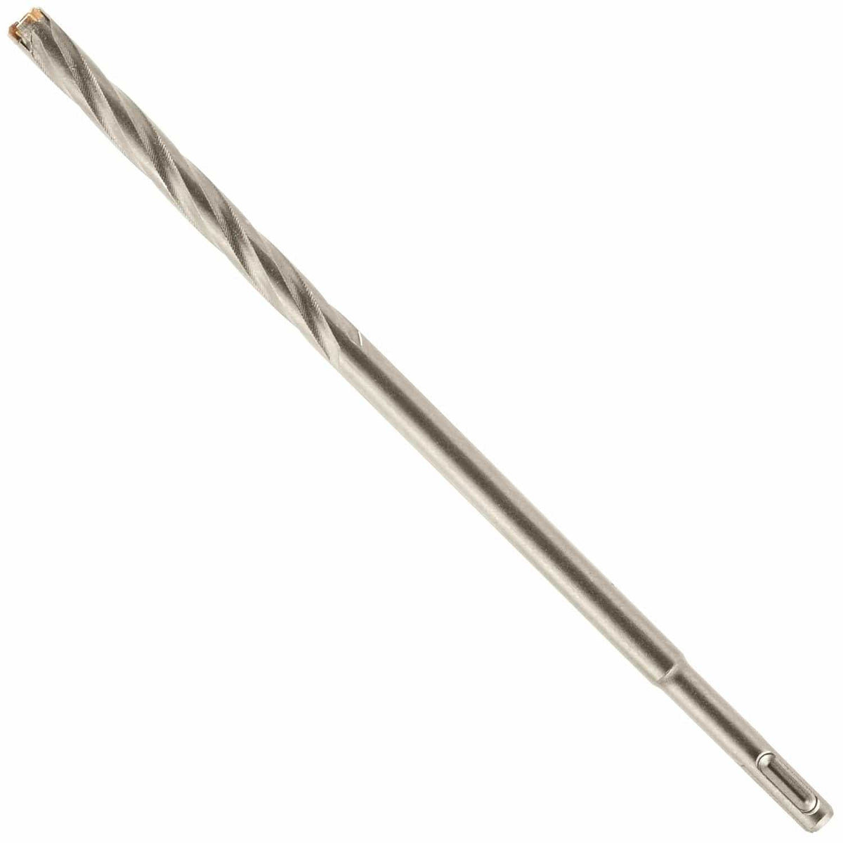 An angled shot shows a long, metallic gray drill bit. The upper portion of the bit has twisted helical flutes, while the lower portion is a smooth shank with grooves and indentations for a hammer drill chuck