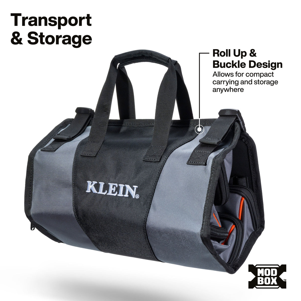 A gray and black Klein tool carrier duffel bag shown on a white background with text callouts about transport, storage, and roll-up buckle design. A MOD BOX logo appears in the bottom right corner.