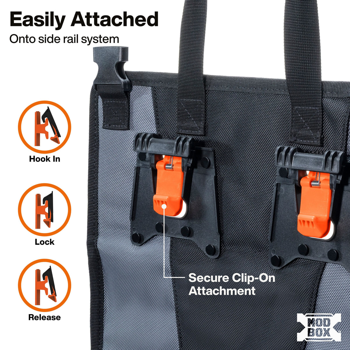 Close-up of a black and gray tote bag with orange and black clip-on attachment hardware, shown with text and icons explaining how to hook in, lock, and release the side rail system. The MOD BOX logo appears in the bottom right corner.