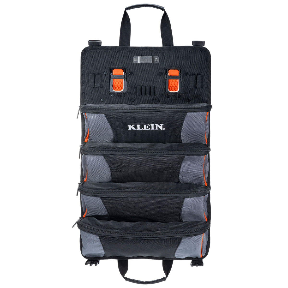 A Klein tool organizer hanging bag in black and gray with bright orange accents and the Klein logo on the front, shown against a plain white background.
