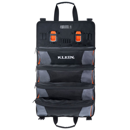 A Klein tool organizer hanging bag in black and gray with bright orange accents and the Klein logo on the front, shown against a plain white background.