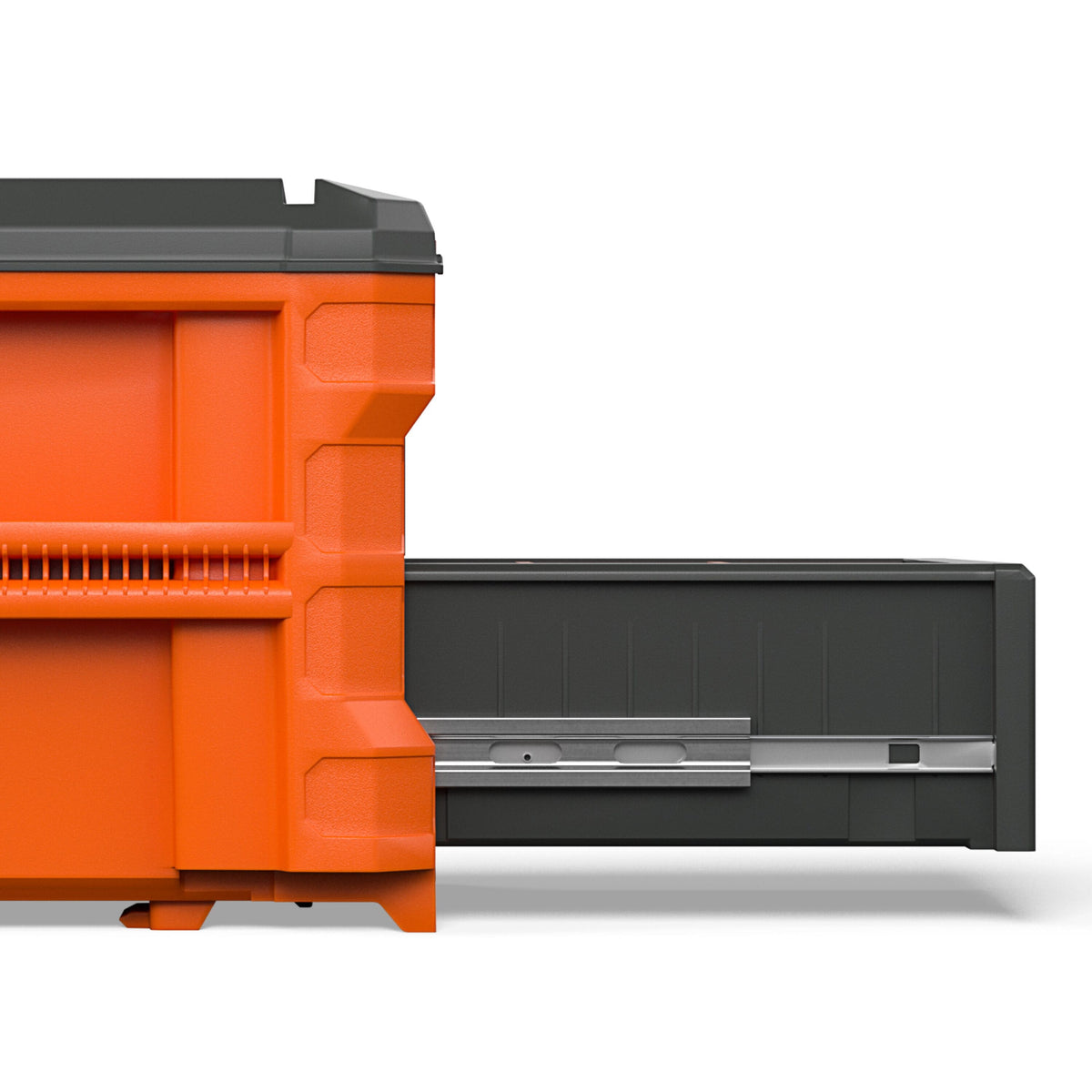 An orange and dark gray plastic storage bin with a drawer-style compartment pulled open, shown on a clean white background.