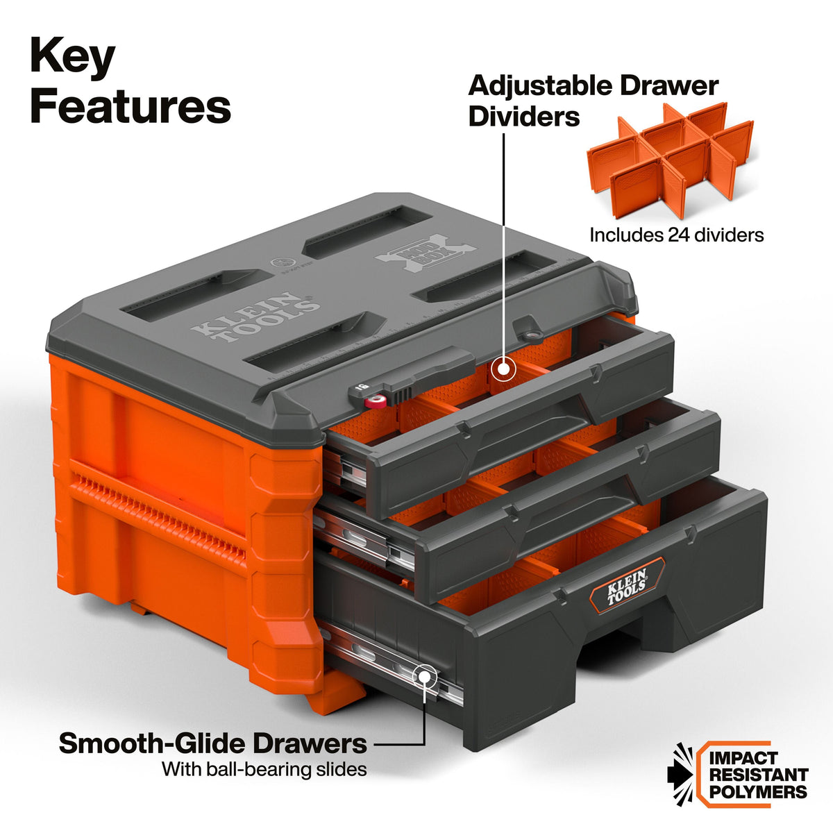 An exploded-style product graphic of a Klein Tools storage box with three open drawers, labeled with key features: adjustable drawer dividers, smooth-glide drawers with ball-bearing slides, and impact resistant polymers. The box is orange and dark gray/black, with small callout lines pointing to the drawers and dividers.