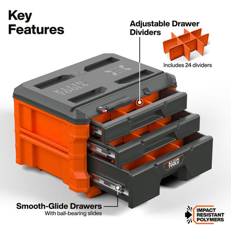An exploded-style product graphic of a Klein Tools storage box with three open drawers, labeled with key features: adjustable drawer dividers, smooth-glide drawers with ball-bearing slides, and impact resistant polymers. The box is orange and dark gray/black, with small callout lines pointing to the drawers and dividers.