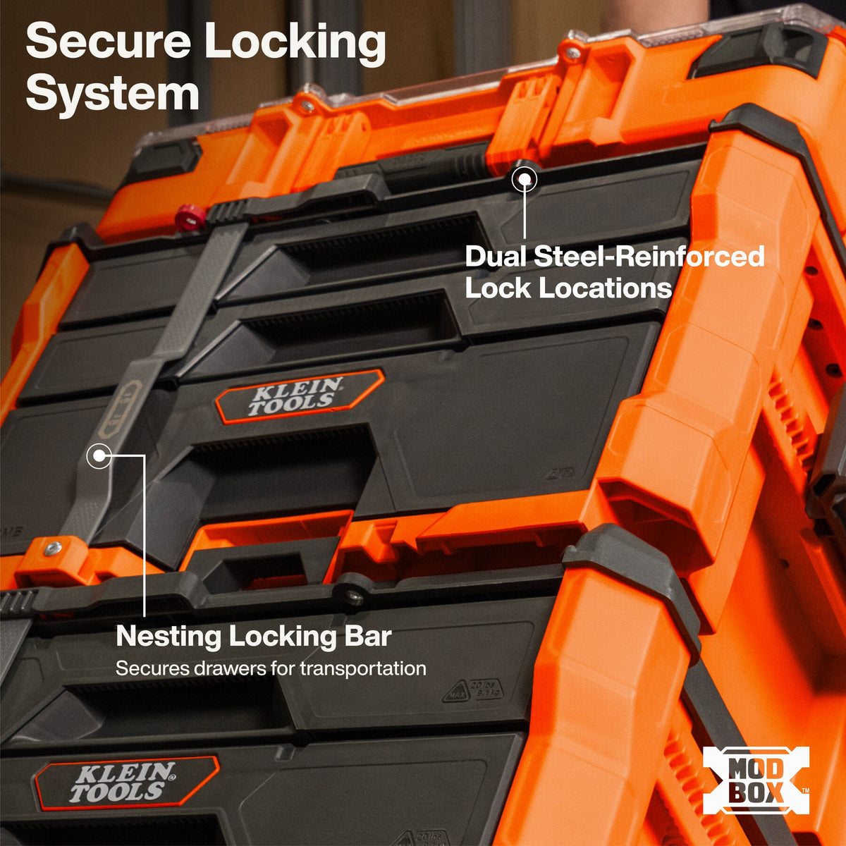 Close-up of a Klein Tools storage box with orange and black protective panels, overlaid with callout text and lines explaining the secure locking system, dual steel-reinforced lock locations, and nesting locking bar.