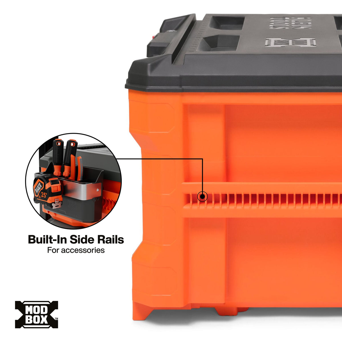 Close-up of an orange and black plastic storage box with a circular inset showing built-in side rails for accessories, on a white background with the MOD BOX logo.