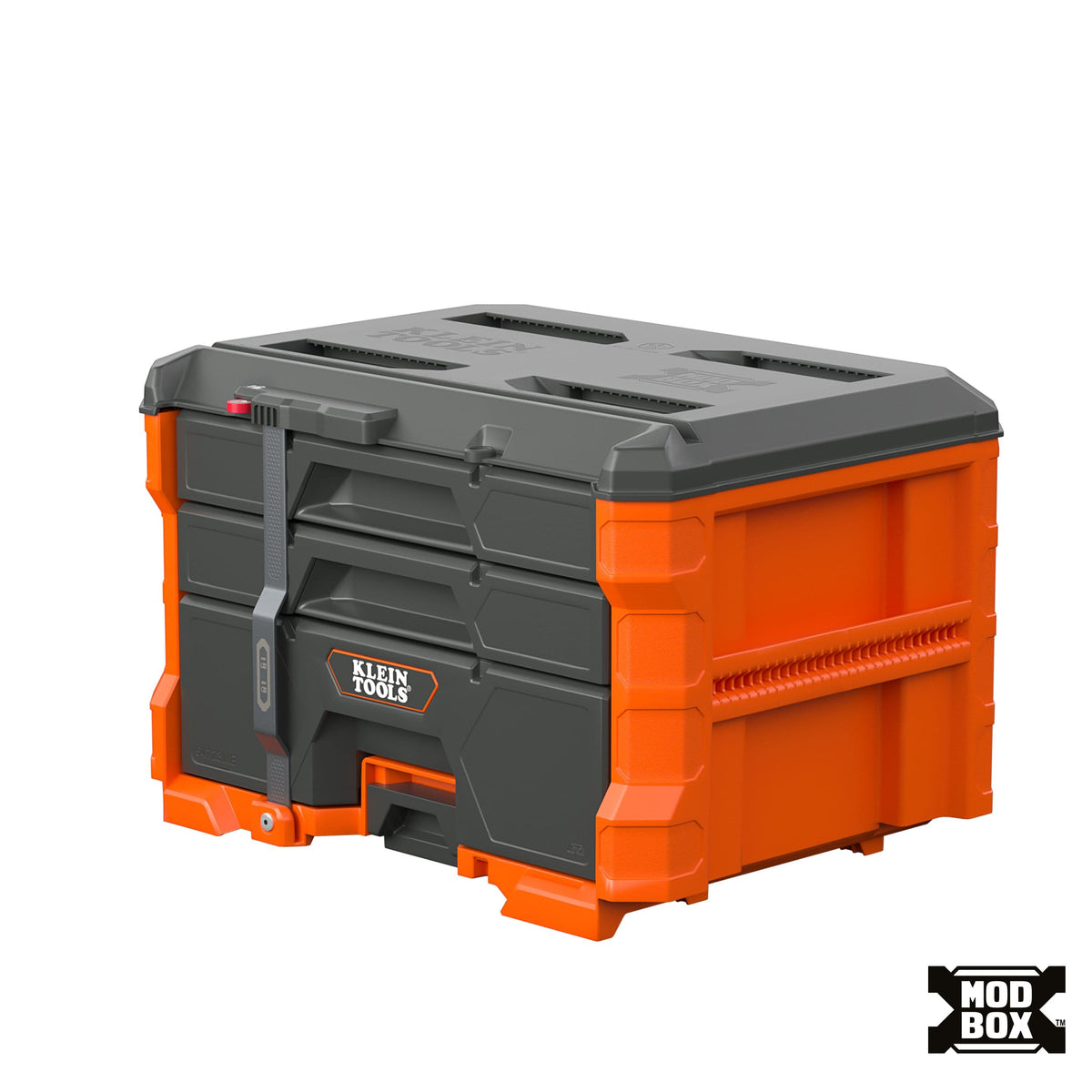 A modular plastic storage box by Kleen Tools in orange and dark gray, shown at a three-quarter angle on a white background with a small 'MOD BOX' logo in the bottom right corner.