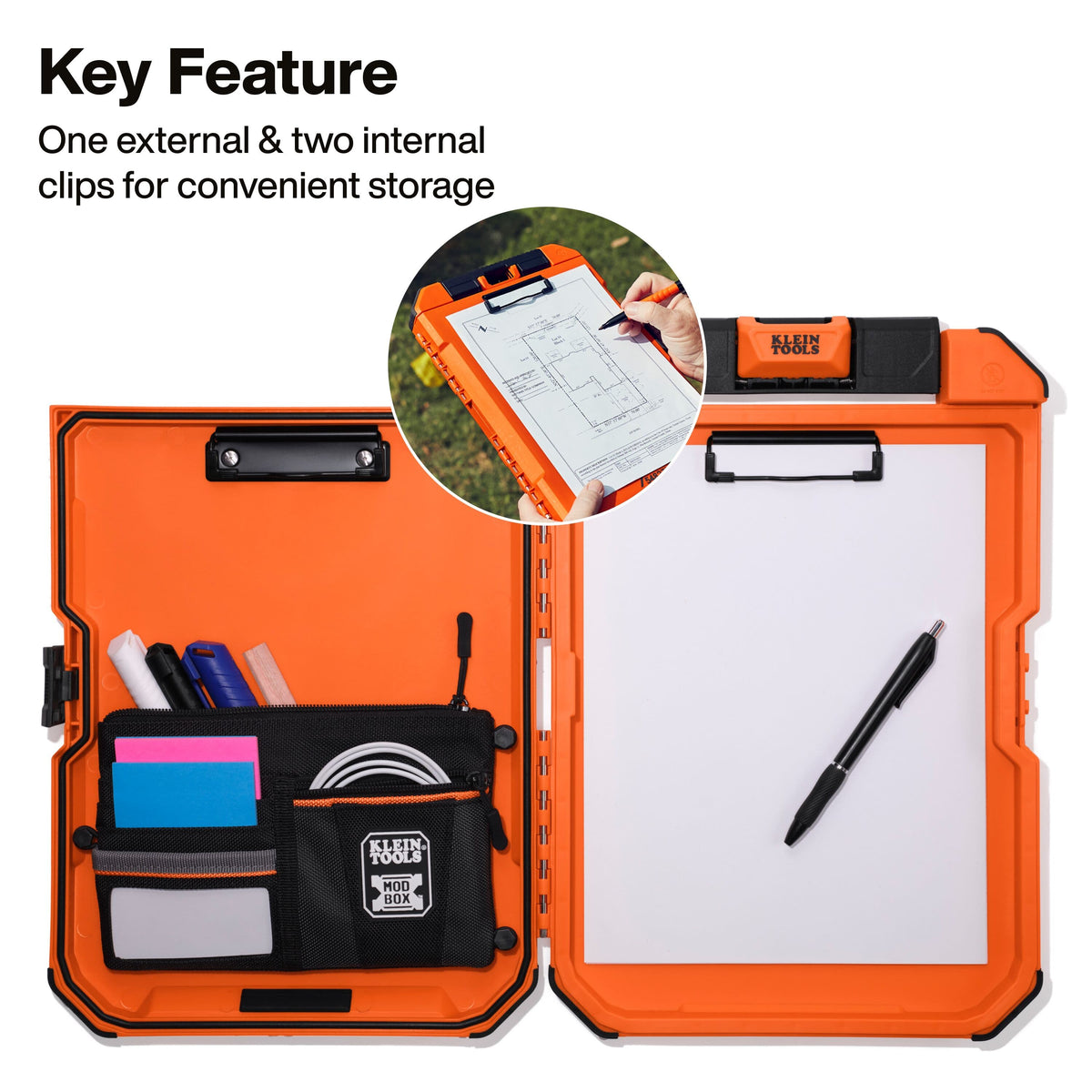 An orange and black rugged clipboard case shown open, with a white notepad on the right clip and storage pockets on the left. A circular inset shows a hand holding the clipboard outdoors.