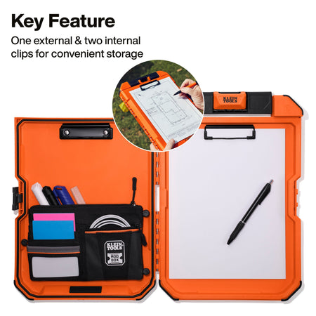 An orange and black rugged clipboard case shown open, with a white notepad on the right clip and storage pockets on the left. A circular inset shows a hand holding the clipboard outdoors.
