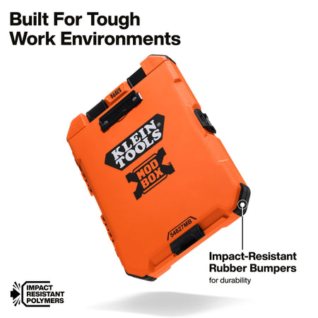 An orange Klein Tools Mod Box rugged case shown at an angle on a white background, with text highlighting its toughness and rubber bumpers.