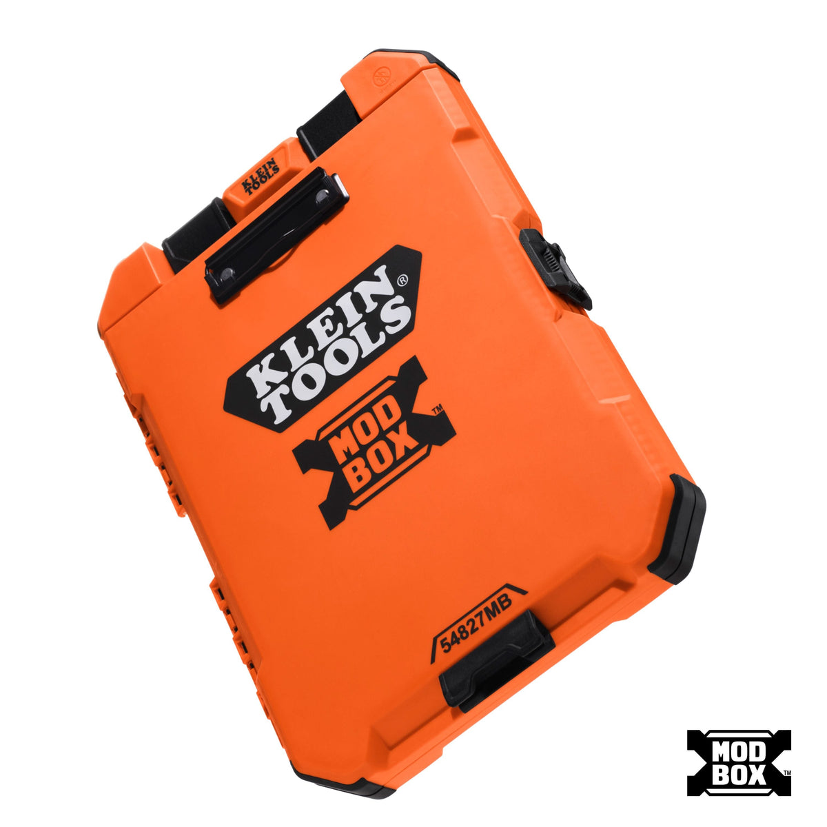 Bright orange Klein Tools Mod Box tool case with black protective corners and handles, shown at an angle on a white background with a small Mod Box logo in the bottom right corner.