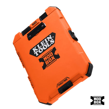 Bright orange Klein Tools Mod Box tool case with black protective corners and handles, shown at an angle on a white background with a small Mod Box logo in the bottom right corner.