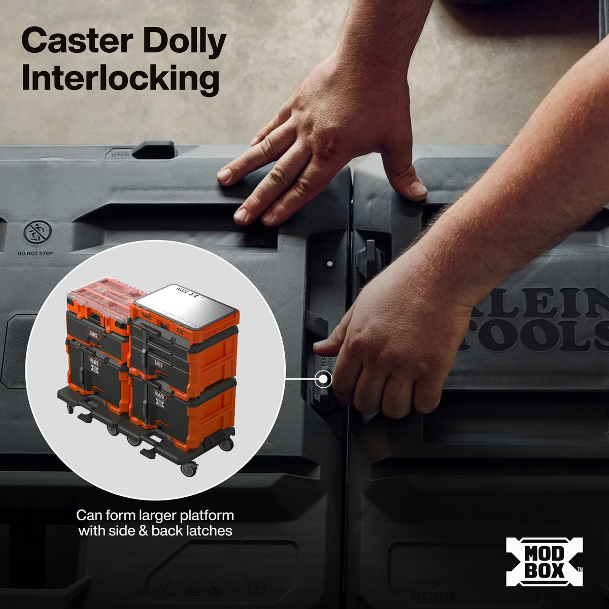 Close-up of a person's hands demonstrating the interlocking caster dolly feature on a gray modular tool box. A circular inset shows stacked orange and gray tool boxes on casters.