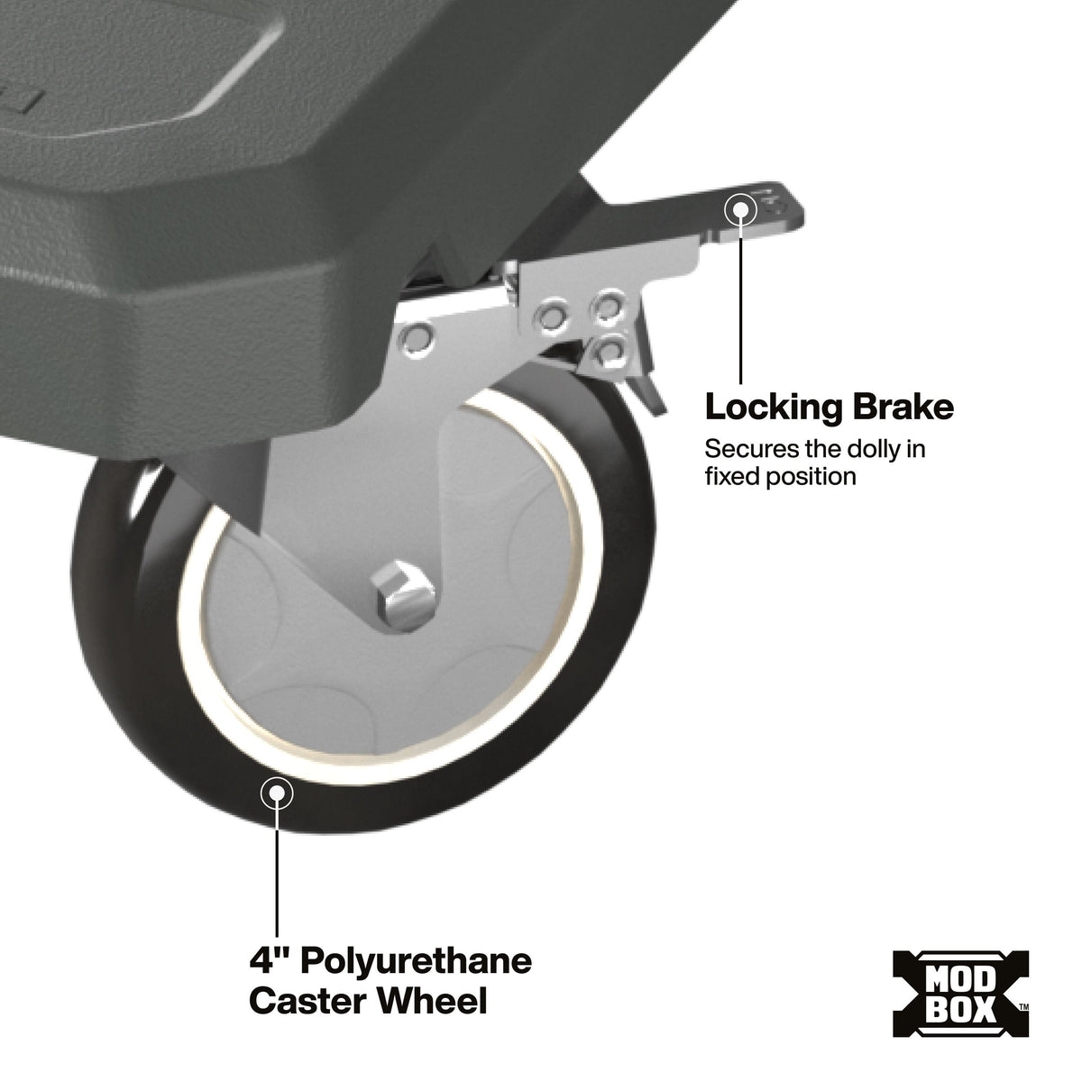 An image presents a clean technical close-up of a heavy-duty swivel caster wheel and locking brake assembly mounted to the underside of a Klein Tools MODbox™ rolling dolly.   