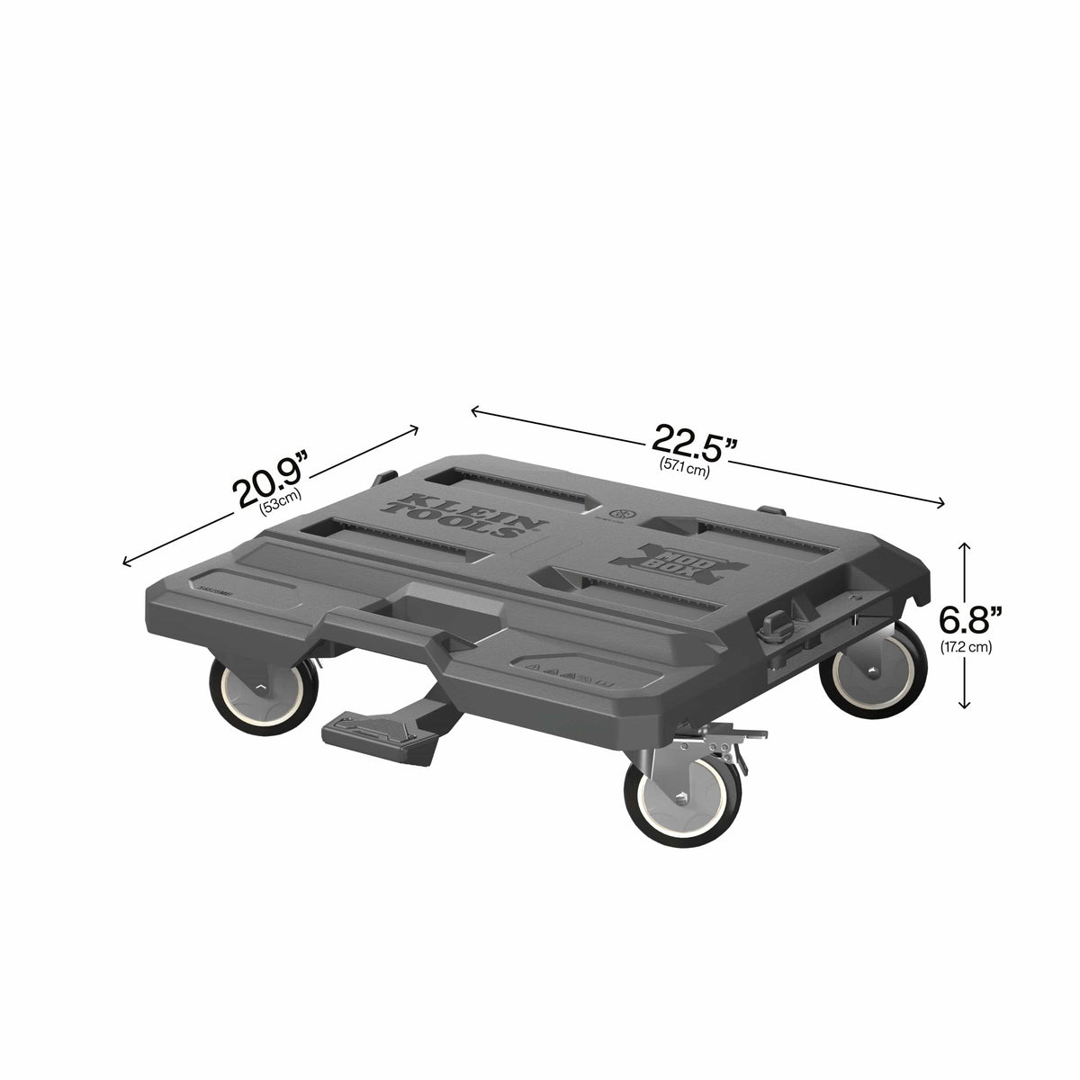 An image presents a full, high-angle technical perspective of the entire Klein Tools MODbox™ rolling dolly platform against a clean white background, complete with dual-unit dimension callout arrows.Length (Top Right Arrow): Spans across the longer side edge, labeled "22.5”" with "(57.1 cm)" directly beneath.   Width (Top Left Arrow): Spans across the shorter front-to-back depth, labeled "20.9”" with "(53 cm)" directly beneath.   Height (Far Right Vertical Arrow): Measures from the ground to the top surface