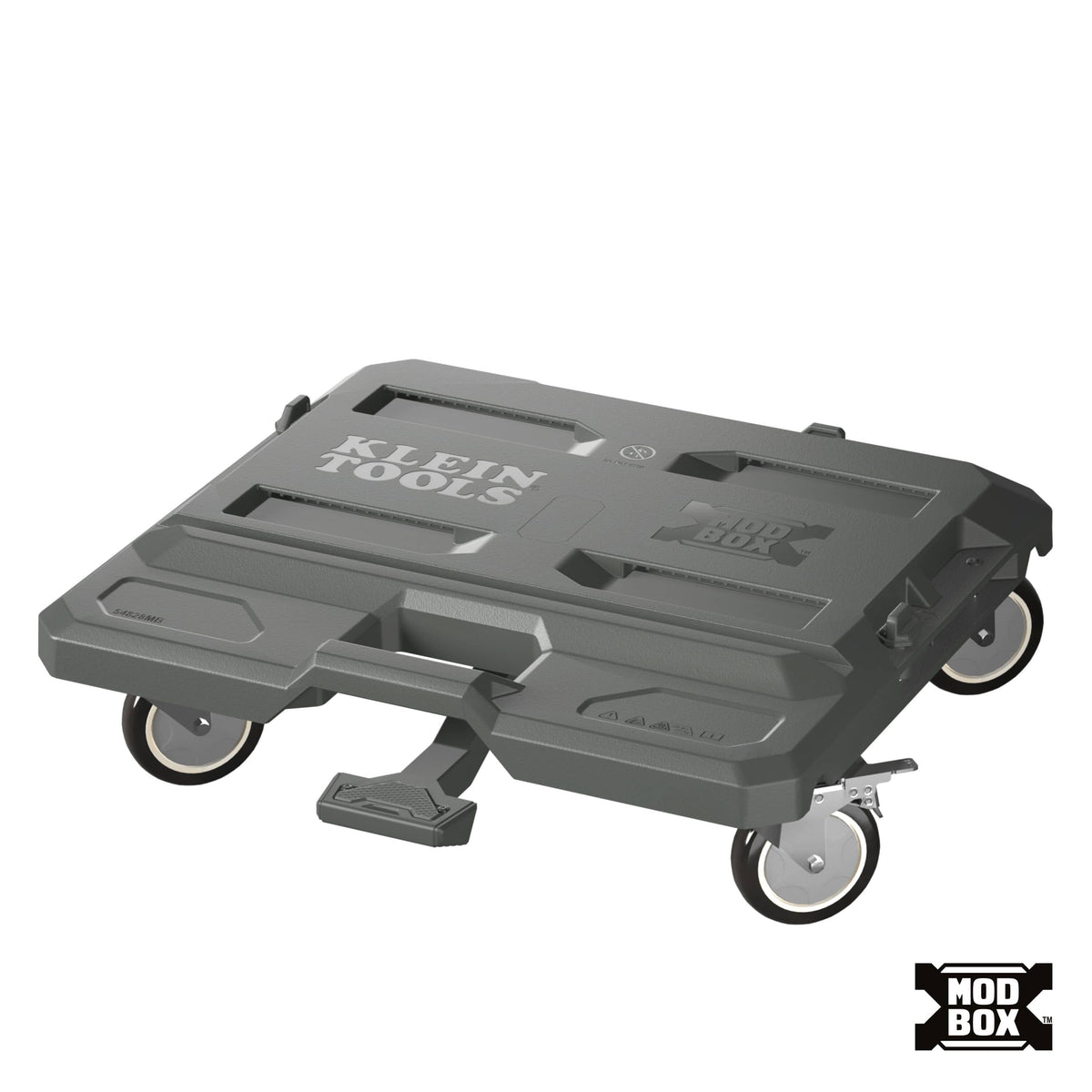 A dark gray rolling tool tray with four caster wheels and a handle, branded 'KLEIN TOOLS' on top, shown on a plain white background with an 'MOD BOX' logo in the bottom right corner.
