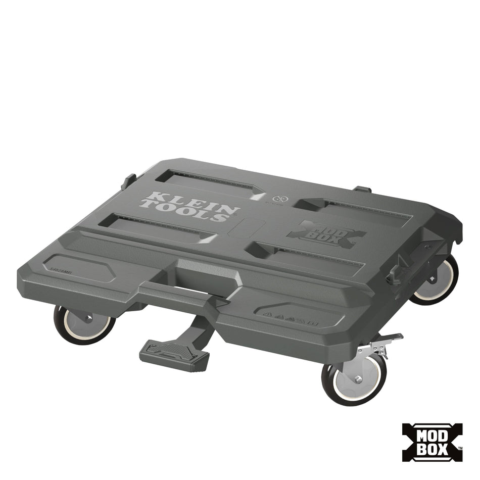 A dark gray rolling tool tray with four caster wheels and a handle, branded 'KLEIN TOOLS' on top, shown on a plain white background with an 'MOD BOX' logo in the bottom right corner.