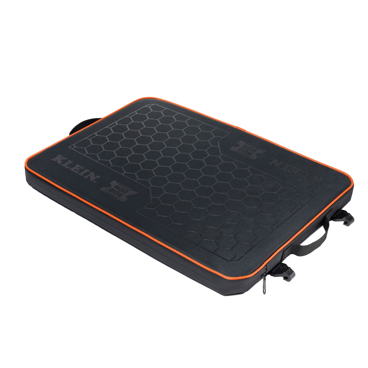 A black rectangular protective mat with a honeycomb texture, featuring orange piping along the edges, a zippered closure, and carrying handles, branded with 'KLEIN' and 'NIGER'.