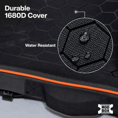 The shot focuses closely on a black, heavy-duty ballistic fabric surface embossed with an interlocking geometric pattern. A slim, vibrant Klein Orange piping accent runs horizontally across the lower third of the frame, bordered beneath by thick, reinforced black webbing and stitching. In the upper-right section, a circular magnifying inset highlights clear water droplets beading tightly on the fabric surface to demonstrate moisture repellency.   