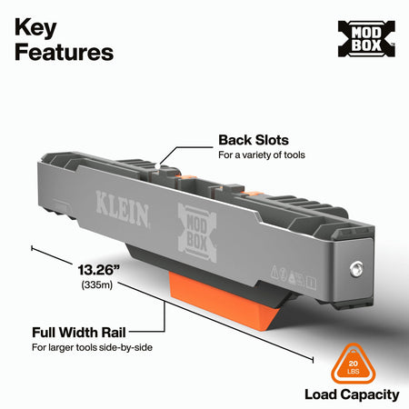 A product feature diagram for a Klein Mod Box tool accessory, showing a gray rail component with an orange base, labeled with dimensions, back slots, full width rail, and load capacity on a white background.