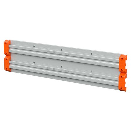 A pair of silver aluminum mounting rails with bright orange plastic end caps, shown on a plain white background.