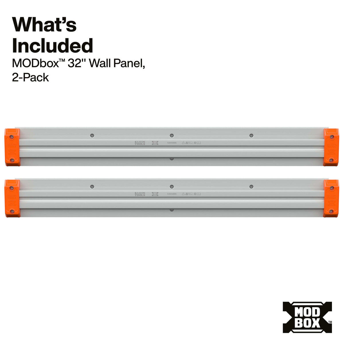 Two silver aluminum MODbox 32-inch wall panels with orange end caps, shown on a white background with text listing the included items and a MODbox logo.