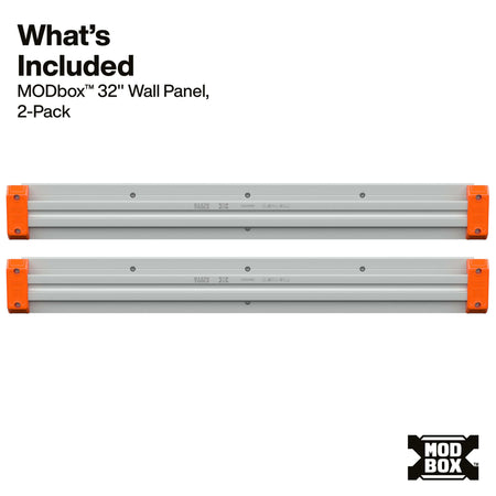 Two silver aluminum MODbox 32-inch wall panels with orange end caps, shown on a white background with text listing the included items and a MODbox logo.