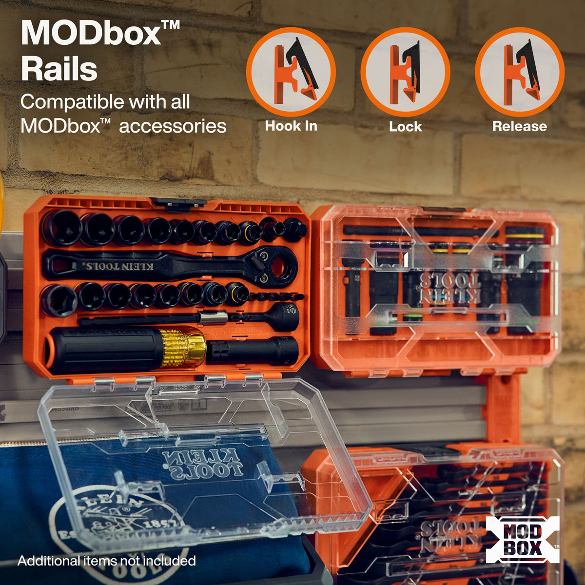 MODbox Rails tool storage system shown with orange and clear plastic organizer cases holding various hand tools, mounted against a brick wall. Three circular icons at the top illustrate hook-in, lock, and release functionality, and text at the top left reads 'MODbox Rails' with compatibility wording.