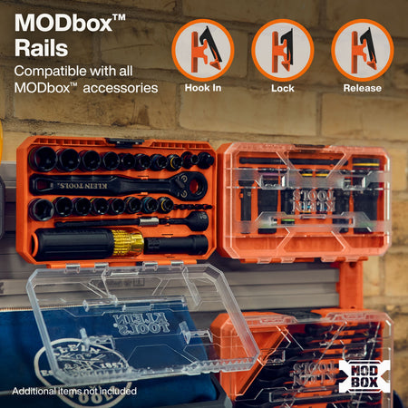 MODbox Rails tool storage system shown with orange and clear plastic organizer cases holding various hand tools, mounted against a brick wall. Three circular icons at the top illustrate hook-in, lock, and release functionality, and text at the top left reads 'MODbox Rails' with compatibility wording.