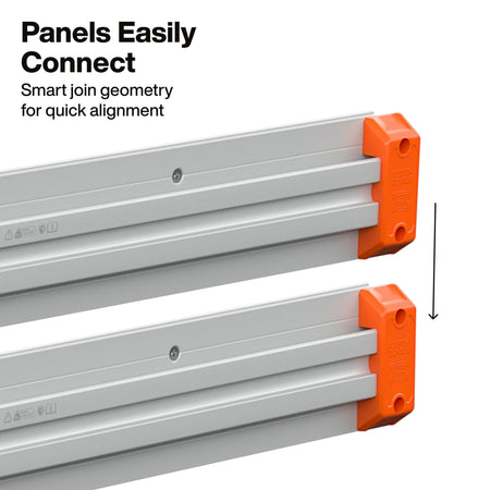 Two silver aluminum profile panels with bright orange end caps, shown on a white background with text reading 'Panels Easily Connect' and 'Smart join geometry for quick alignment'.