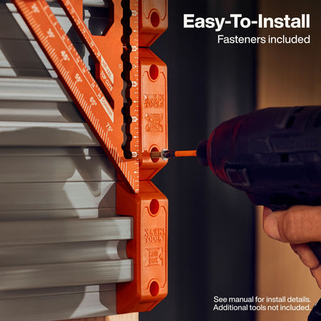 An orange Kreg SnapLoc 2x4 wall anchor tool being used with a black cordless drill, shown installing into a gray metal siding panel. Text overlays read 'Easy-To-Install Fasteners included' and 'See manual for install details.