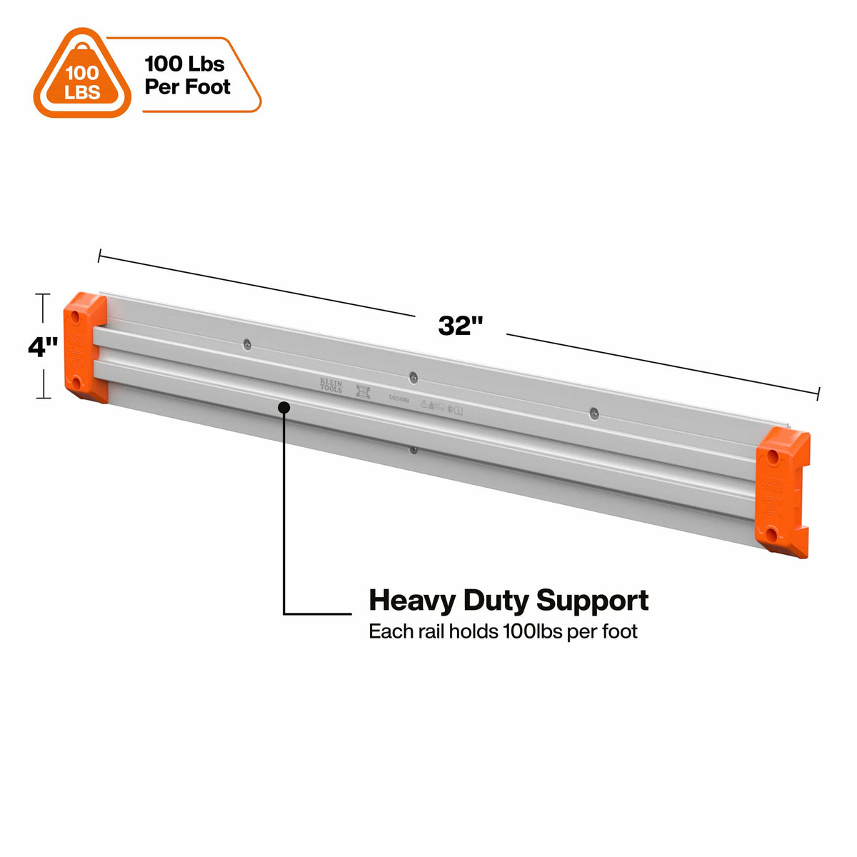 A heavy-duty metal support rail shown on a white background with dimension labels indicating 32 inches length and 4 inches height, plus a 100 lbs per foot strength callout.