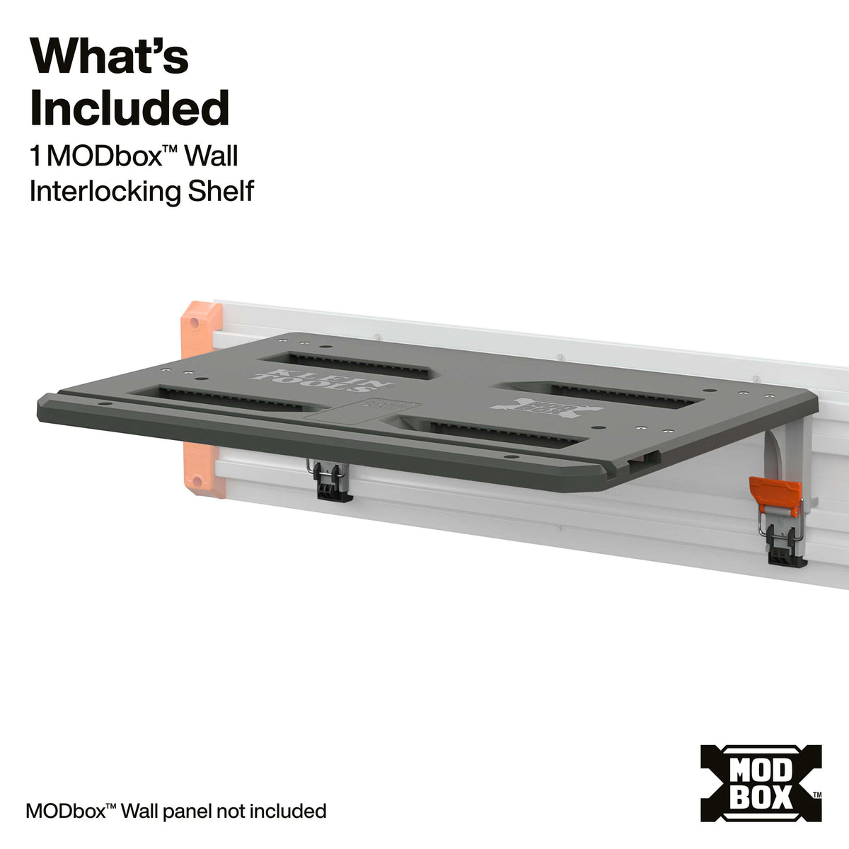 An image presents a product packaging and contents callout showing the Klein Tools MODbox™ Wall Interlocking Shelf mounted onto a modular horizontal wall rail against a clean white background.   