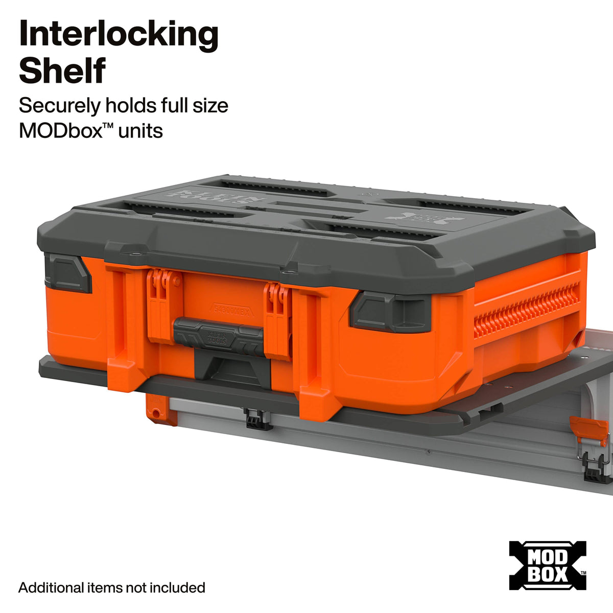 An image presents a product feature demonstration showing a full-size Klein Tools MODbox™ toolbox locked securely onto the MODbox™ Wall Interlocking Shelf.   
