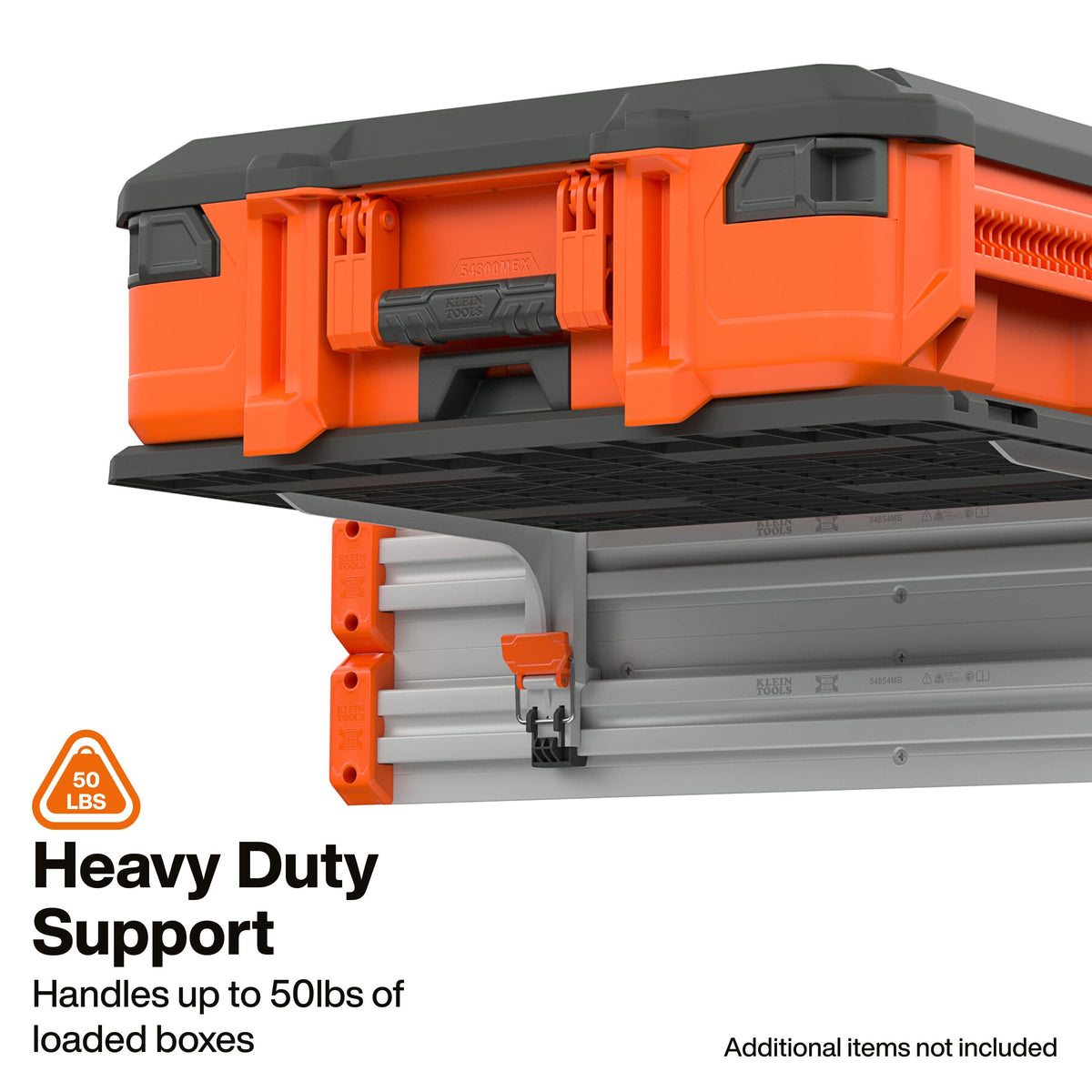 An image displays an upward three-quarters angle showcasing the reinforced underside of the Klein Tools MODbox™ Wall Interlocking Shelf supporting a full-size modular toolbox on a wall rail system against a clean white background.   