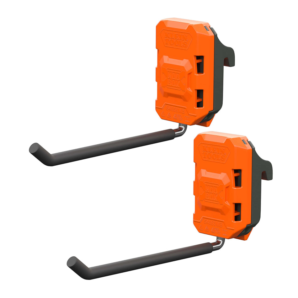 Two orange and black wall-mounted hook hooks shown on a plain white background.