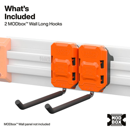 Two bright orange MODbox wall hooks mounted on a white wall panel, with text reading 'What's Included: 2 MODbox Wall Long Hooks' and a MODbox logo in the corner.