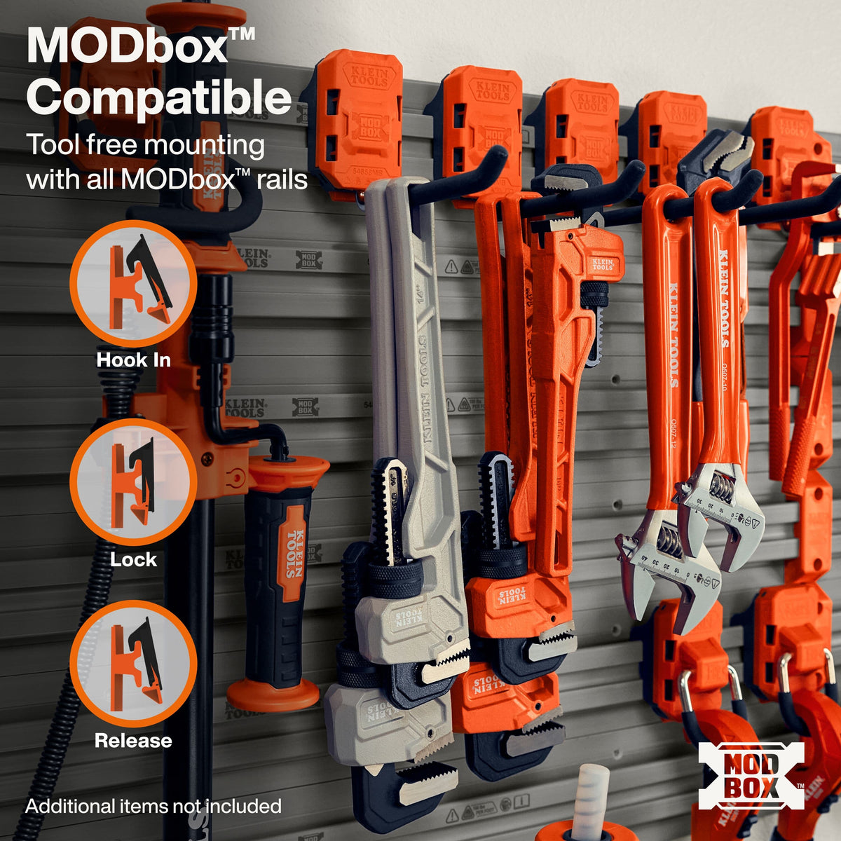 An image illustrates the tool-free rail attachment system for Klein Tools MODbox™ modular storage hooks, demonstrating how various hand tools hang from modular brackets mounted to a wall rail panel.   