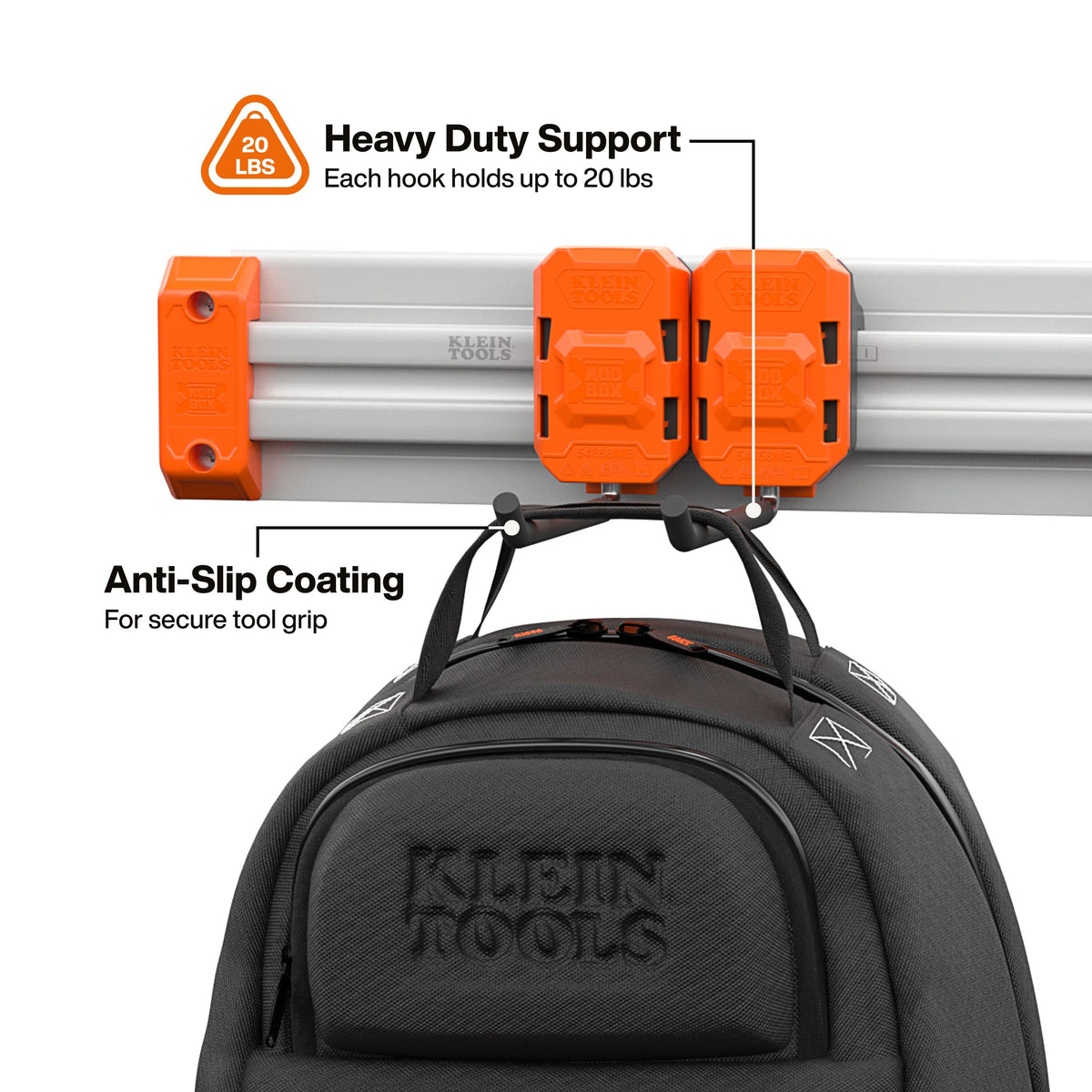 An orange and silver tool rack with text callouts highlighting heavy-duty support up to 20 lbs and anti-slip coating, shown holding a black Klein Tools backpack against a white background.