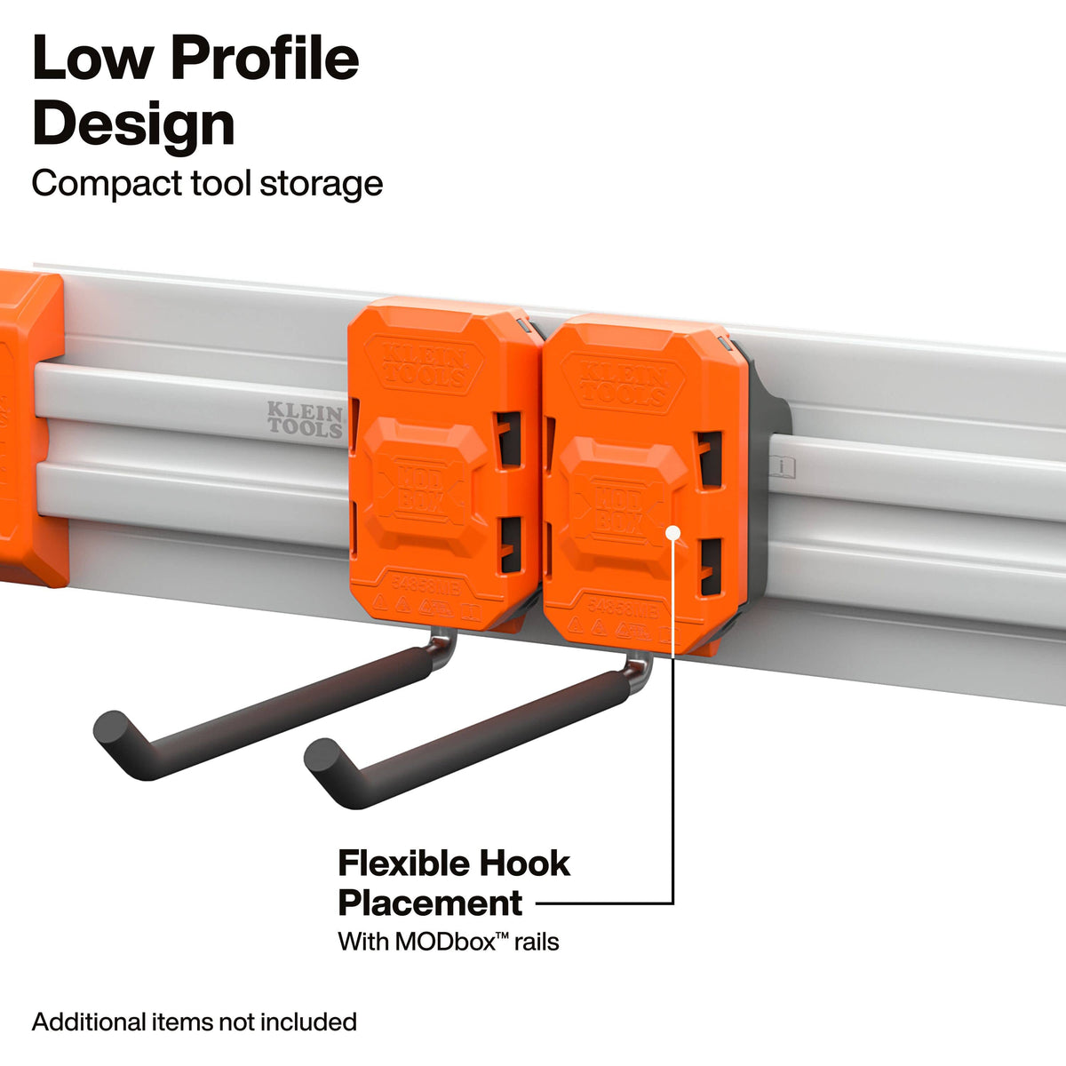 Orange and gray wall-mounted tool hooks on a gray rail system, with text callouts reading 'Low Profile Design,' 'Compact tool storage,' 'Flexible Hook Placement,' and 'With MODbox rails.'.