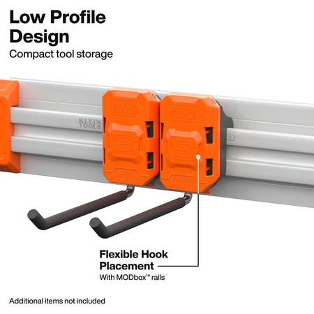 Orange and gray wall-mounted tool hooks on a gray rail system, with text callouts reading 'Low Profile Design,' 'Compact tool storage,' 'Flexible Hook Placement,' and 'With MODbox rails.'.